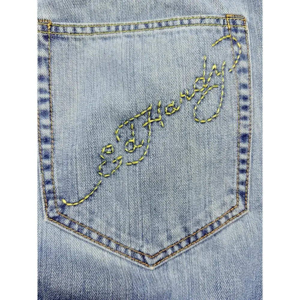 Ed Hardy Mens 33x32 Christian Audigier Embroidered Light Wash Straight Jeans